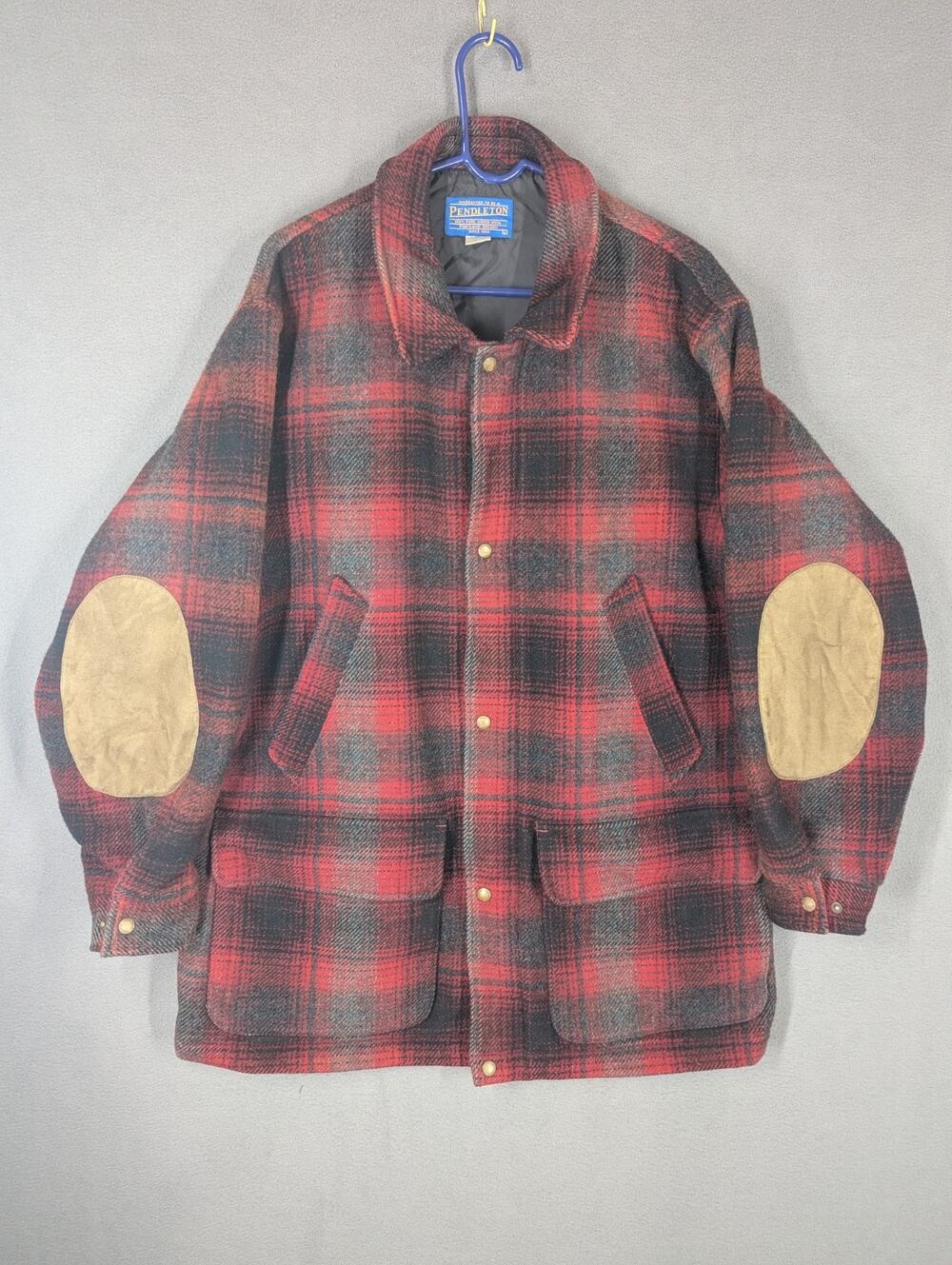 Pendleton Virgin Wool Red Black Plaid Lumber Jack Large Coat Suede Elbow Patch